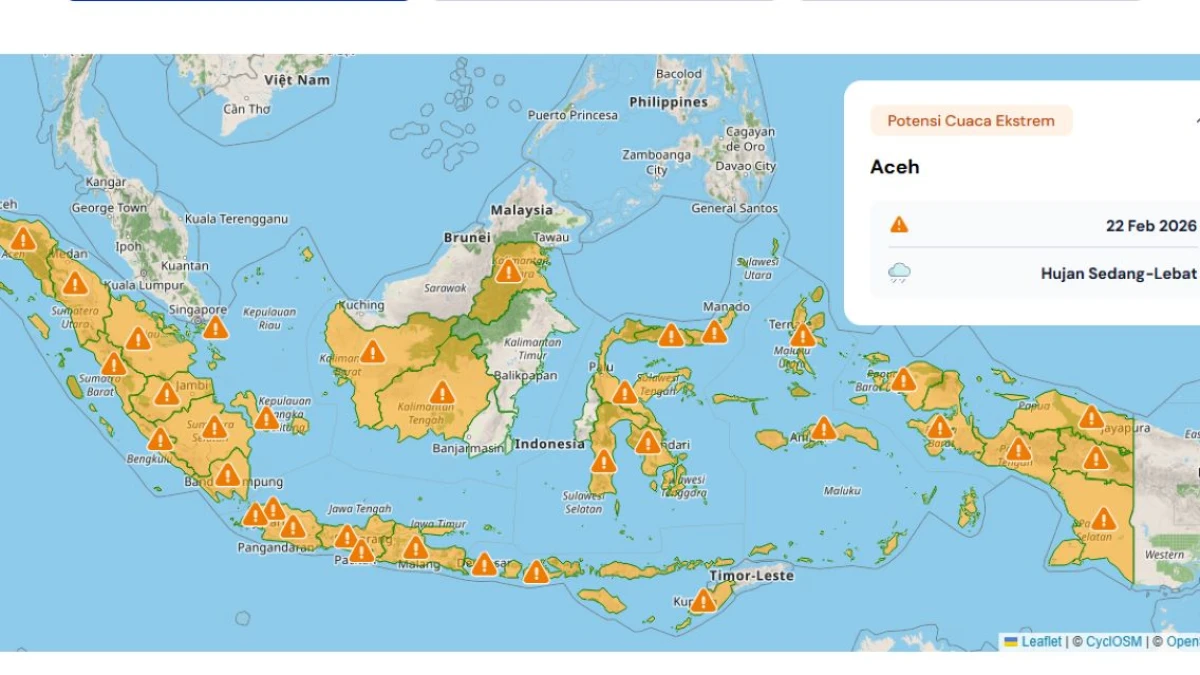 Prediksi Cuaca Ekstrem 22 Februari 2026, Hujan Lebat dan Angin Kencang Ancam Sejumlah Wilayah