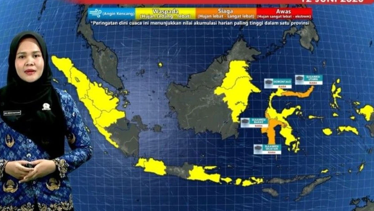 Cuaca Jumat 12 Juni 2026: Sulut, Gorontalo, Sulbar, Sulsel, dan Papua Pegunungan Siaga Hujan Ekstrem