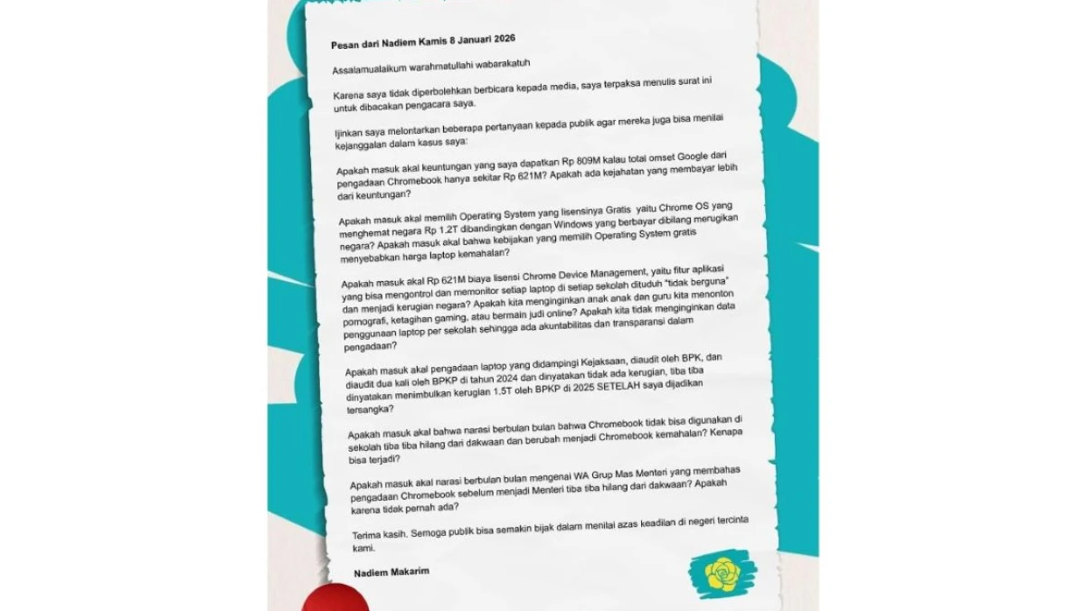 Lewat Surat, Nadiem Makarim Ungkap Sederet Kejanggalan Sidang Kasus Chromebook