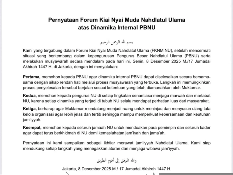 Kiai dan Nyai Muda NU Serukan Musyawarah Redam Dinamika Internal PBNU