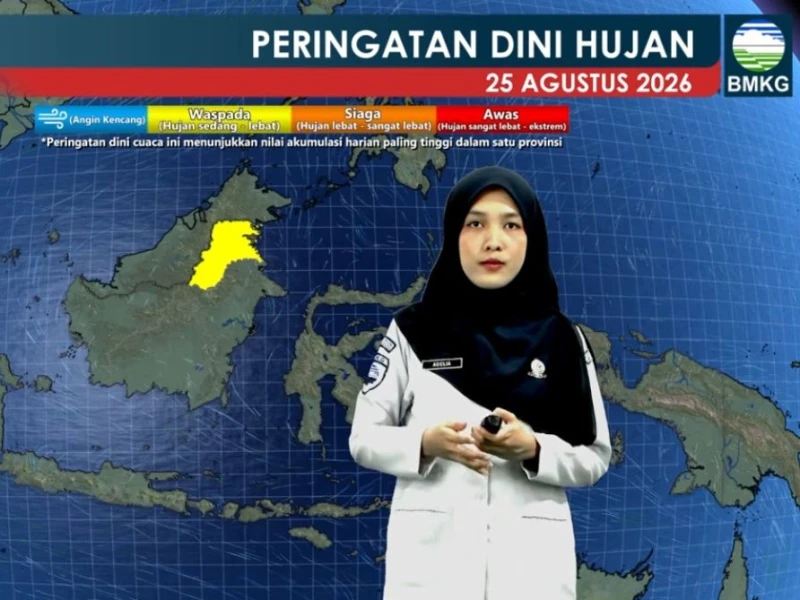 Prediksi BMKG;  Hujan Ringan di Pekanbaru, Padang, Bengkulu, Bandung, Tanjung Selor pada Selasa 25 Agustus 2026