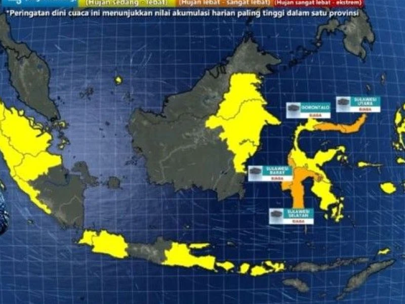Cuaca Jumat 12 Juni 2026: Sulut, Gorontalo, Sulbar, Sulsel, dan Papua Pegunungan Siaga Hujan Ekstrem